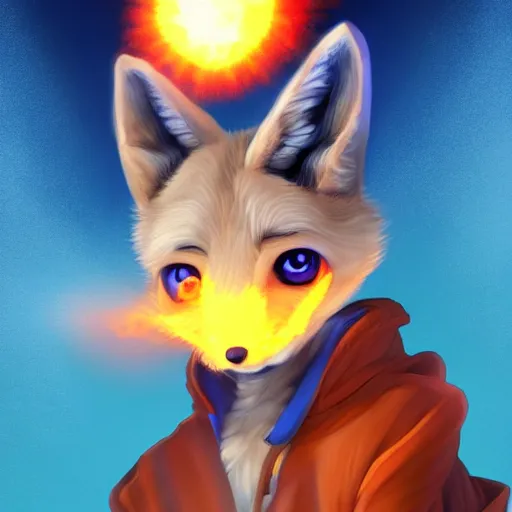 Image similar to furaffinity furry art of an anthro fennec character holding fireballs and wearing a blue sweatshirt, digital painting, detailed, cute