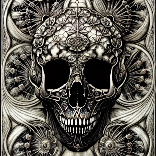 Image similar to art forms of nature by ernst haeckel, memento mori by arthur rackham, ornate antique porcelain beautiful skull mask, ultrasharp, photorealistic, hyperdetailed, octane render, polished, art nouveau, neo - gothic, gothic, intricate ornamental organic filigree, art nouveau botanicals, art forms of nature by ernst haeckel, horizontal symmetry, symbolist, visionary