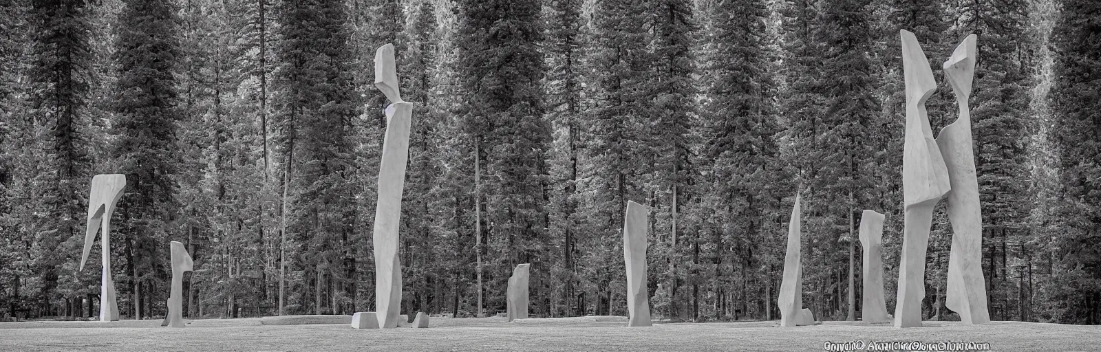 Image similar to to fathom hell or soar angelic, just take a pinch of psychedelic, medium format photograph of two colossal minimalistic necktie sculpture installations by antony gormley and anthony caro in yosemite national park, made from iron, marble, and limestone, granite peaks visible in the background, taken in the night