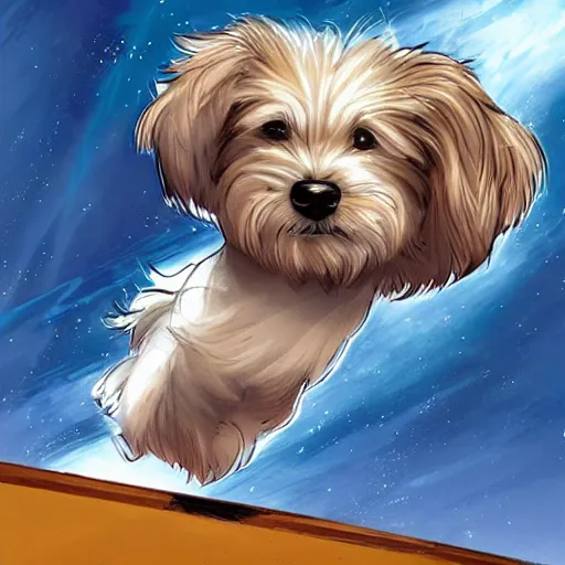 Image similar to cream colored havanese dog dressed as a super hero, jumping off a rooftop, sideways wide shot, highly coherent, saga comic, graphic novel, fiona staples