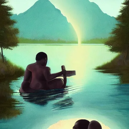 Prompt: a retro realistic painting of a ghost!!! shining in a lake while a black kid! stares at it with a florest! in the background, a scenic view, realistic, volumetric light, detaliesd painting by Kehind Wiley, trending on artstation.