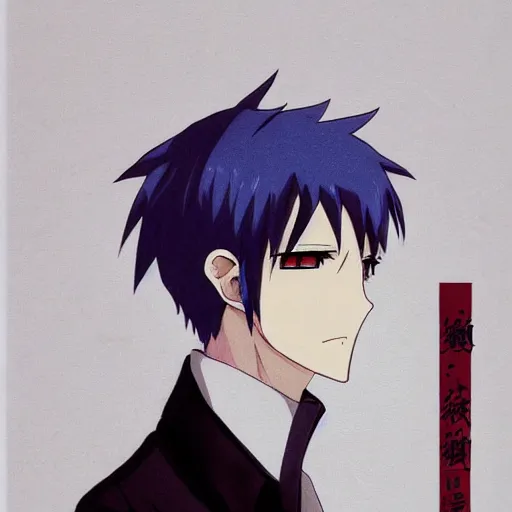 Image similar to Tall anime guy with blue eyes, blue hair wearing bordeaux shirt and white elegant jacket drawn in the style of Nanashi manga author