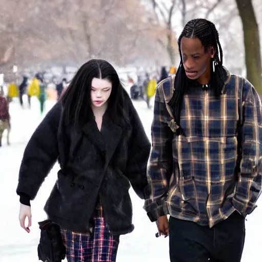 Prompt: travis scott dating anya taylor joy in central park at winter, symmetry photorealistic, dynamic light, ultra detailed, paparazzi photo