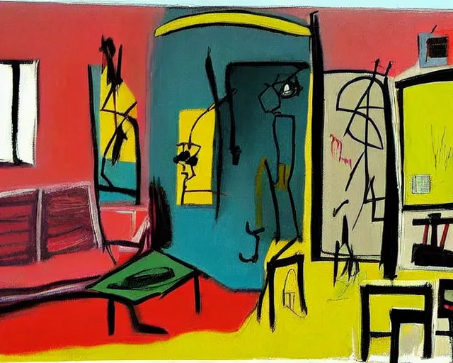 Prompt: painting of an empty living room by graham sutherland, basquiat, neo - expressionism, pastel colors!!!