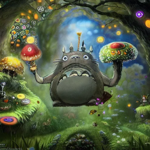 Image similar to totoro tripping on shrooms in wonderland, intricate detail, royo, klimt, miro, vallejo, frazetta, giger, whealan, hd, unreal engine,