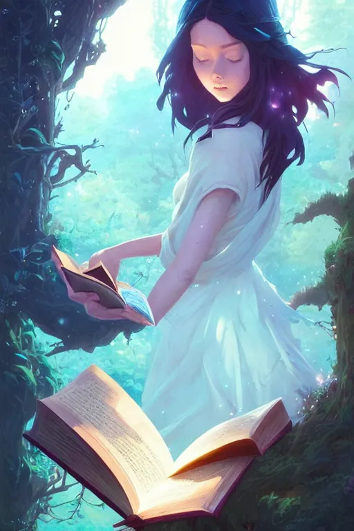 Image similar to highly detailed portrait of beautiful girl reading a book in avatar, dynamic pose, stephen bliss, unreal engine, fantasy art by greg rutkowski, loish, rhads, ferdinand knab, makoto shinkai and lois van baarle, ilya kuvshinov, rossdraws, tom bagshaw, global illumination, radiant light, detailed and intricate environment