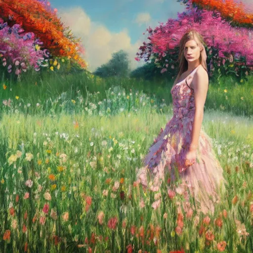 Image similar to a vogue model in a flower field, oil painting, pale colors, high detail, 8 k, wide angle, trending on artstation,