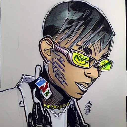 Image similar to soulja boy drawn in the style of yoshitaka amano