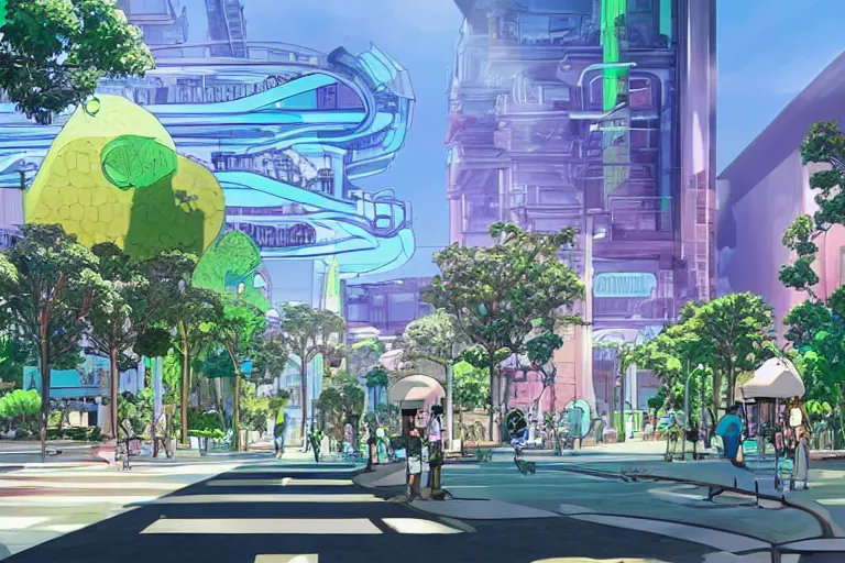 Image similar to an optimistic futuristic west australian city street with a pop cannabis leaf motif, by studio ghibli