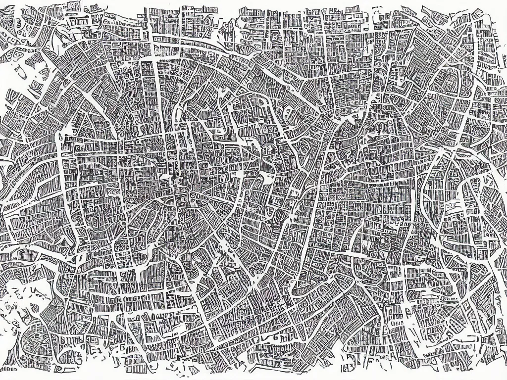 Prompt: A map of Rome, Ink drawing by Deven Rue, fine point pen