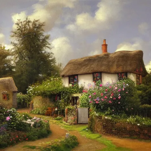 Image similar to A quaint cottage in an English village, merry england, oil on canvas, 4k, detailed