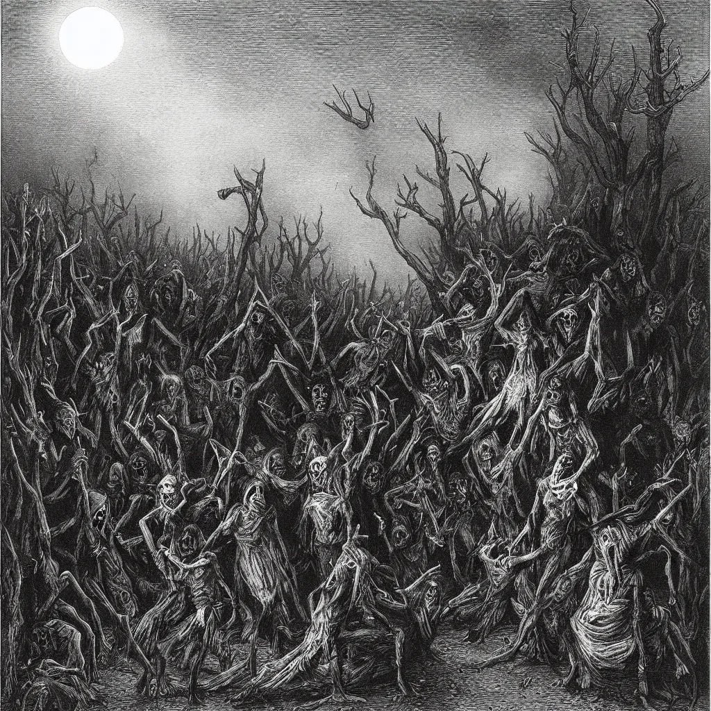 Image similar to night of the living dead, creepy atmosphere, dark, realistic, illustration by gustave dore