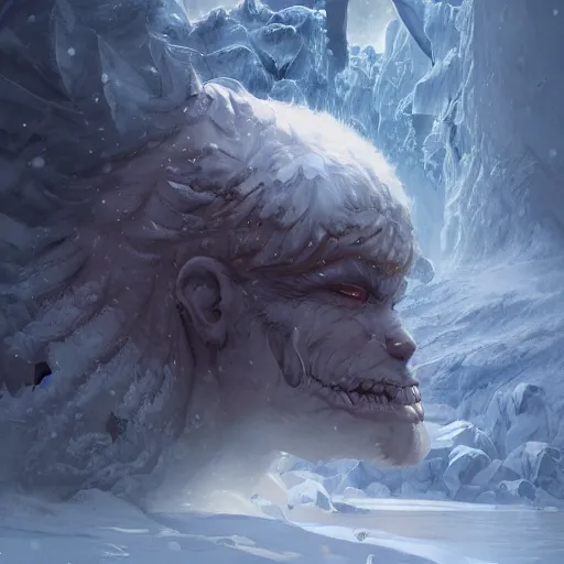 Image similar to A monster in the Arctic covered in snow, fractal Lighting, by Stanley Artgerm Lau, WLOP, Rossdraws, James Jean, Andrei Riabovitchev, Marc Simonetti, and Sakimichan, trending on artstation