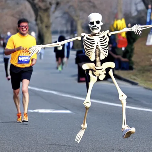 Prompt: A skeleton running in a marathon