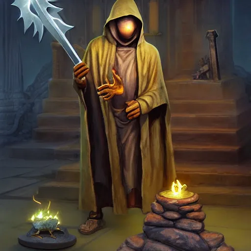 Image similar to a hooded cultist is stabbing a banana placed on an altar, in front of a stone statue of a forgotten god, by patrick mcenvoy and michael komarck and fantasy flight, incredible quality, trending on artstation