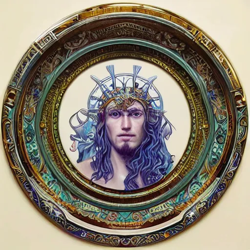 Image similar to portrait of poseidon king of the ocean made with porcelain by Jeff Easley and Peter Elson + beautiful eyes, beautiful face + symmetry face + border and embellishments inspiried by alphonse mucha, fractals in the background, galaxy + baroque, gothic, surreal + highly detailed, intricate complexity, epic composition, magical atmosphere + masterpiece, award winning + trending on artstation