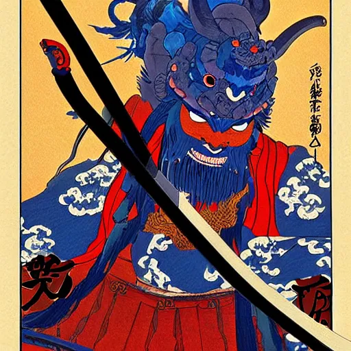 Image similar to a painting of a samurai but a blue oni demon 鬼 👹, poster art by otomo katsuhiro, cgsociety, reimagined by industrial light and magic, official art, poster art