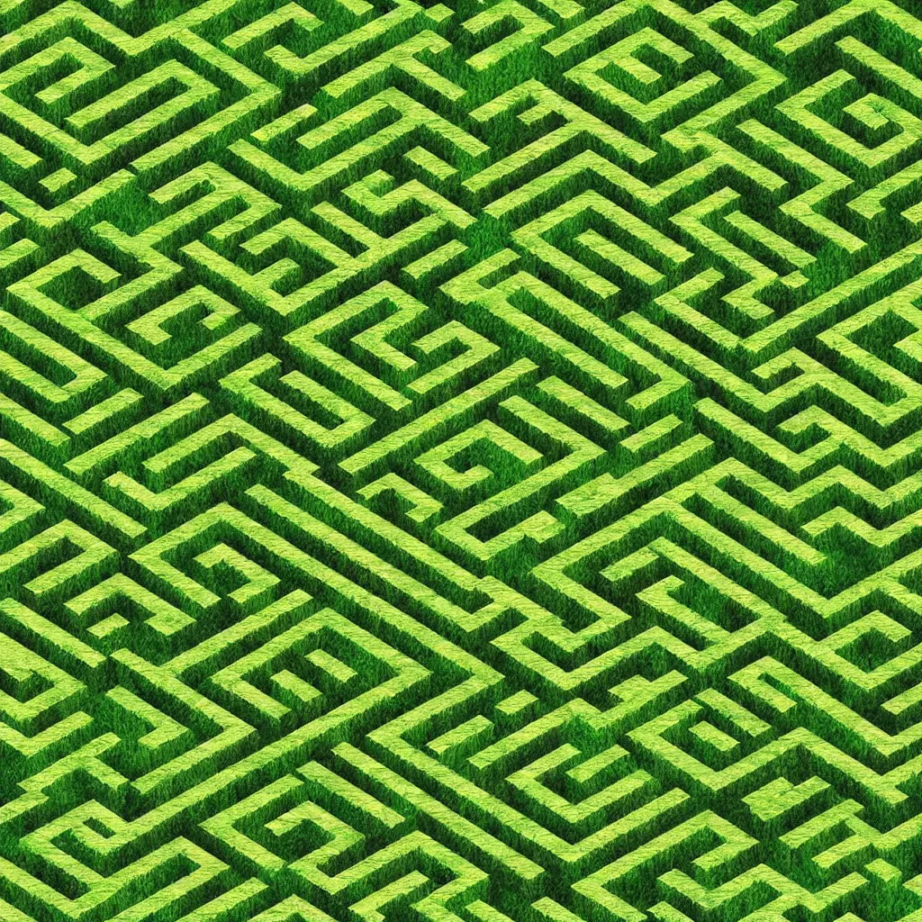 Image similar to wimmelbilder maze made of mowed lawn, isometric, very sharp