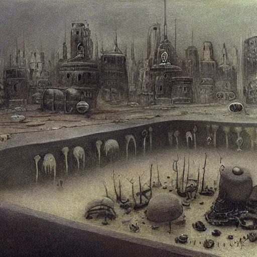 Image similar to a hyper realistic painting of an alien settlement in the middle of a human city, by alfred kubin, highly detailed, vivid color,