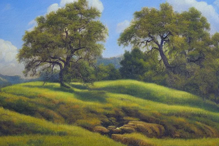 Image similar to masterpiece painting of oak trees on a hillside overlooking a creek, by jan schmuckal