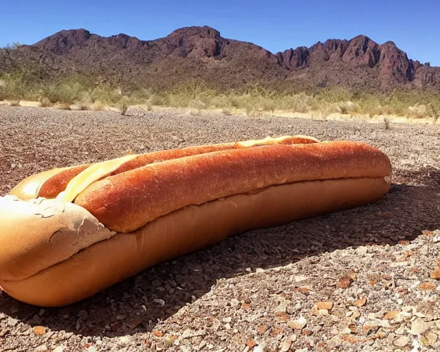 Image similar to archeologists finding a giant hot dog in the ground, amazing desert mountains, award winning photograph