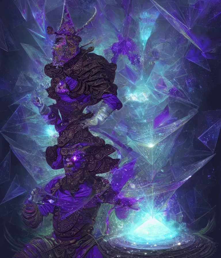 Image similar to front!!! shot of a court jester!!! character, mesmerizing fractal hypercubes, dark holography!!!, future, metallic nebula, crystalline edges, polygonal, elegant, highly detailed, centered, (((artstation, concept art, jagged, sharp focus, artgerm, Tomasz Alen Kopera, Peter Mohrbacher, donato giancola, Joseph Christian Leyendecker, WLOP, Boris Vallejo))), ((raytracing)), mugshot!!!!!, ugly!!!!!!, octane render, nvidia raytracing demo, octane render, nvidia raytracing demo, octane render, nvidia raytracing demo, 8K