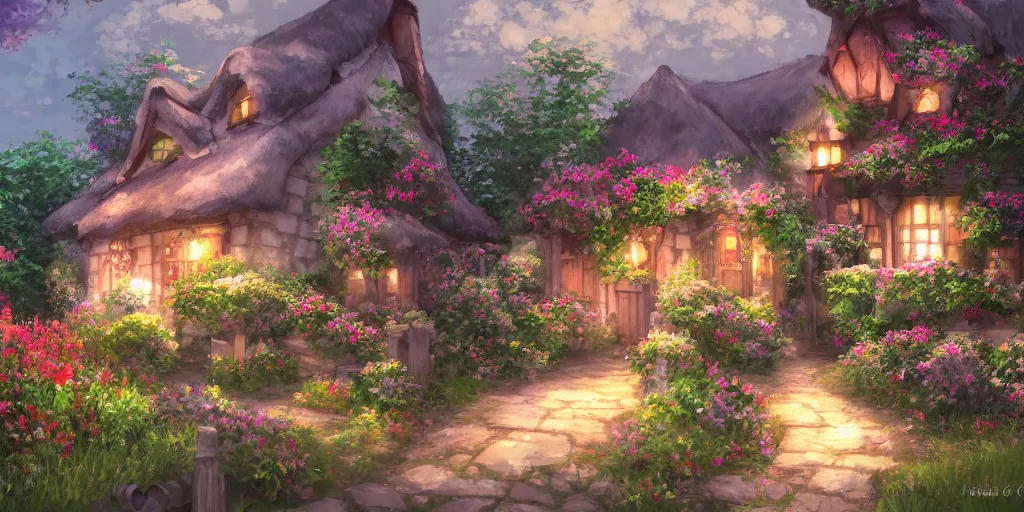 Image similar to flowery cottage, evening, highly detailed, studio ghibli, artstation