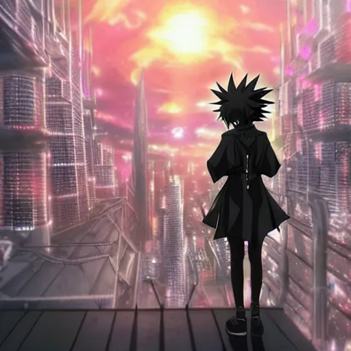 Image similar to 1 7 - year - old black haired anime goth girl wearing gothic jacket, spiky hair, super saiyan aura, floating above roof, futuristic city in background, 2 0 0 1 anime, subsurface scattering, intricate details, art by toei, art by studio gainax, studio trigger art