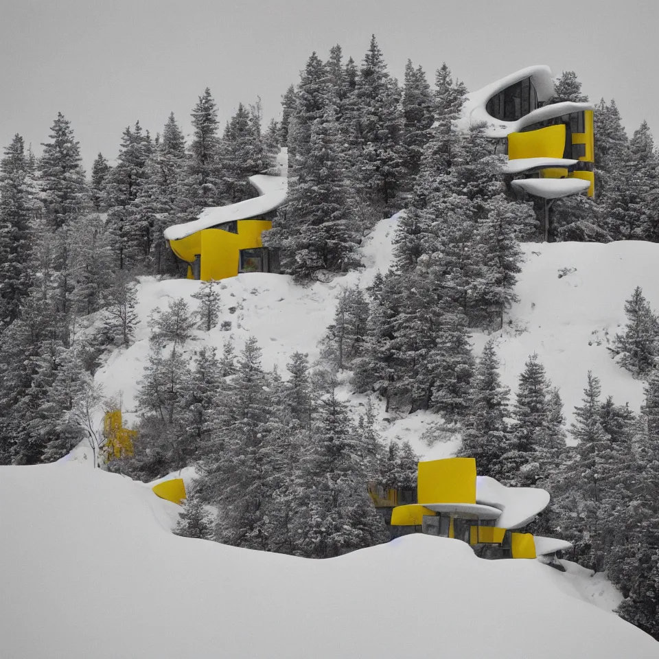 Image similar to a road leading to a mid-century modern house with large windows on top of a cliff in the arctic, covered with snow, designed by Frank Gehry. Big tiles. Film grain, cinematic, yellow hue