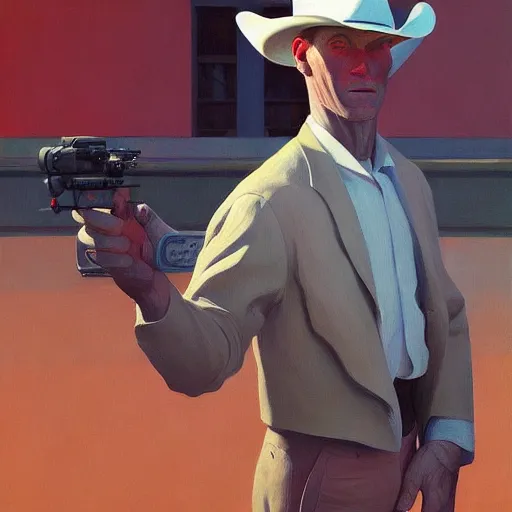 Image similar to Portrait of a cowboy, very coherent, painted by Edward Hopper, Wayne Barlowe, painted by James Gilleard, airbrush, art by JamesJean