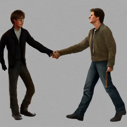 Prompt: tom cruise shaking hands with harry potter, digital art, highly - detailed, artstation cgsociety masterpiece