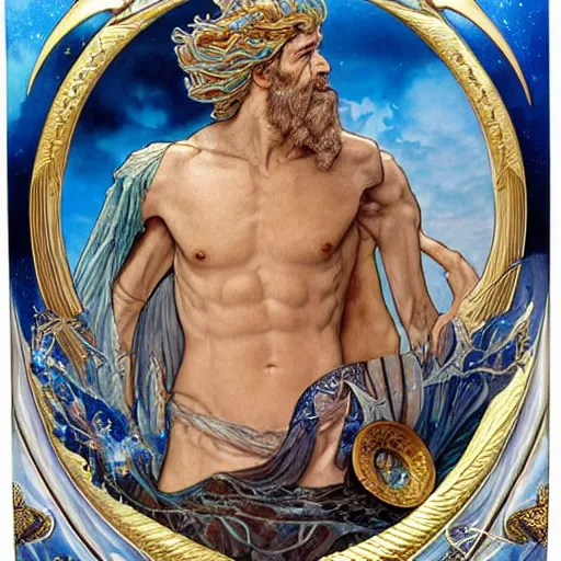 Image similar to portrait of poseidon king of the ocean made with porcelain by Jeff Easley and Peter Elson + beautiful eyes, beautiful face + symmetry face + border and embellishments inspiried by alphonse mucha, fractals in the background, galaxy + baroque, gothic, surreal + highly detailed, intricate complexity, epic composition, magical atmosphere + masterpiece, award winning + trending on artstation