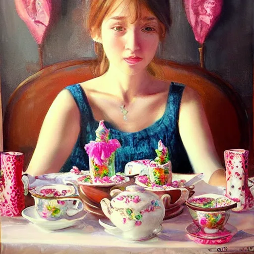 Image similar to “beautiful girl at a tea party, oil painting, realism, hyper detailed, trending on Artstation”