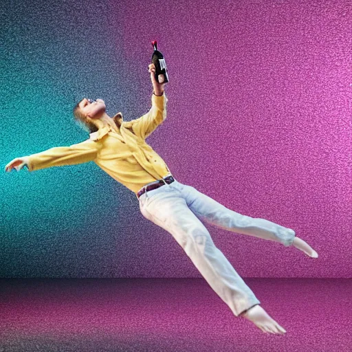 Image similar to A male model boisterously dancing around the room by himself holding an empty wine bottle as he jumps in the air by Lynda Benglis, octane render, 4k, 8k, (sharp) , very very beautiful, stunning, twisted, vanishing, transparent, ethereal