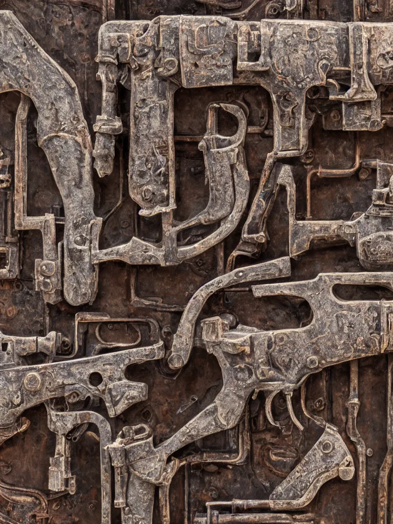 Prompt: relief sculpture carving in rusted steel of machine guns, industrial pipes, shotguns, revolvers, bullets, valves, dramatic lighting, hyperrealistic, ultrarealistic, intricate details, 4k