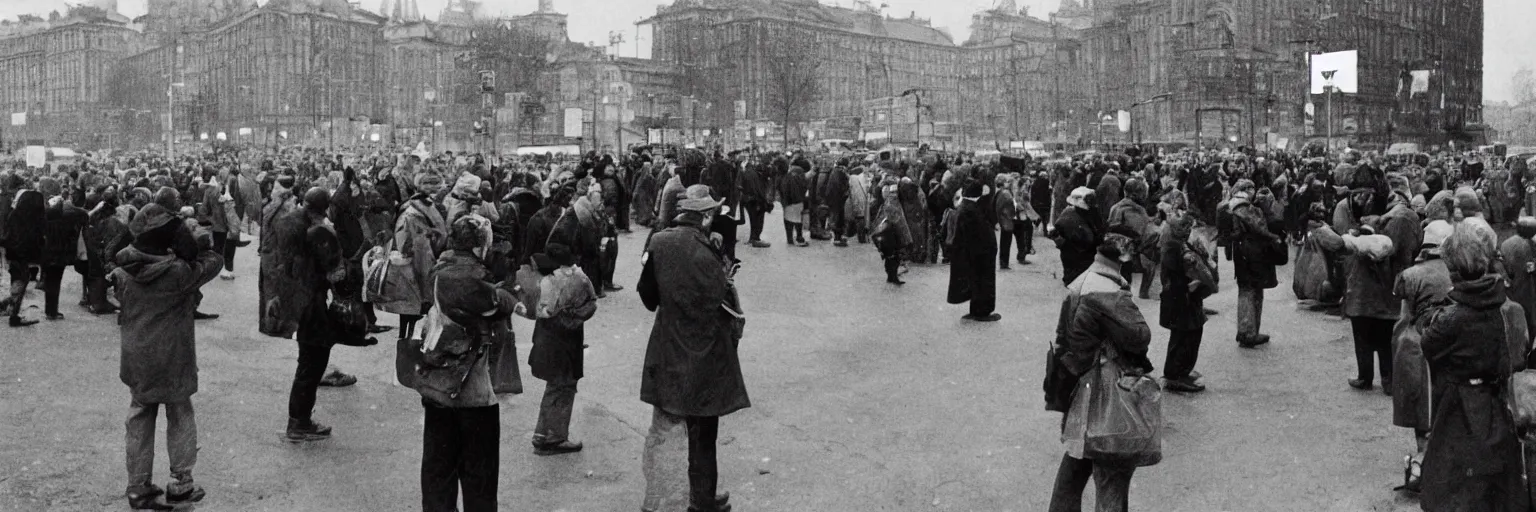 Image similar to A lot of people are standing at traffic lights and looking at their phones. soviet propaganda style