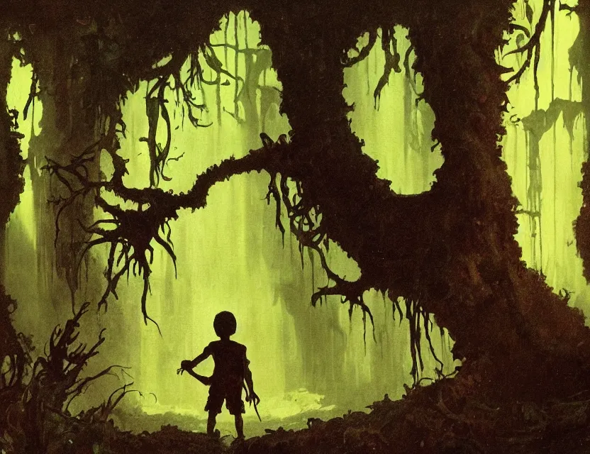 Prompt: a silhouette of boy exploring a dark baroque neoclassicist halls overgrown with colorful alien swamplife. close - up view, detailed textures. glowing fog, dark black background. highly detailed fantasy science fiction painting by moebius, norman rockwell, frank frazetta, and syd mead. rich colors, high contrast