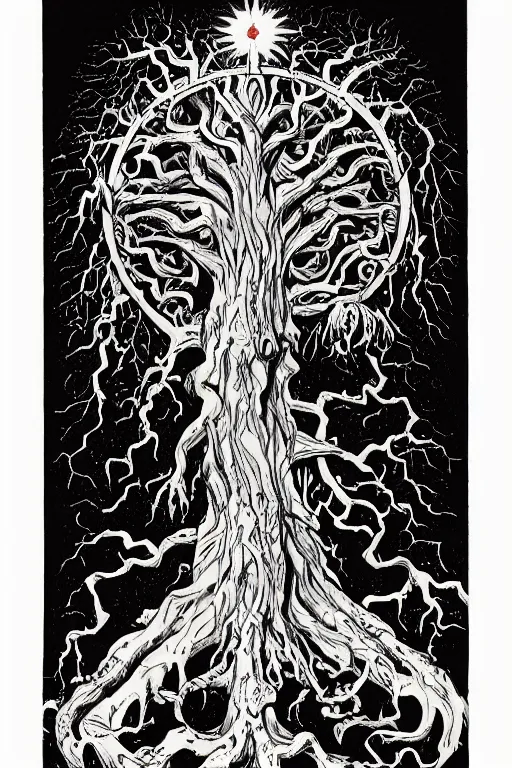 Prompt: Yggdrasil the tree of life by Mike Mignola and Richard Corben, trending on artstation, symmetrical