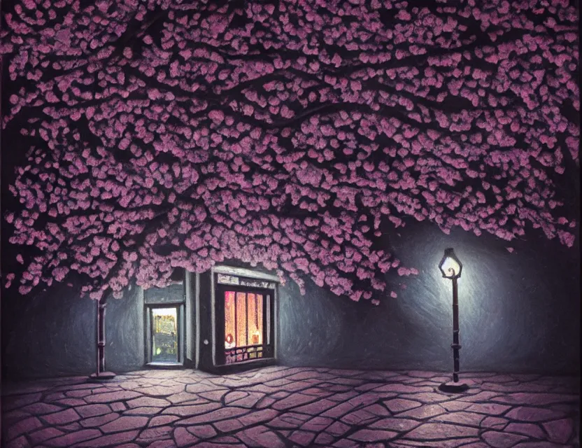 Prompt: cherry blossom limestone cavern night club. heavily stylized, oil painting by indie cartoonist. backlighting, chiaroscuro, intricate details, field of depth.