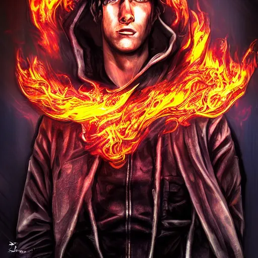 Prompt: handsome dark-haired cyberpunk young man, controlling flames with his hands, in destroyed Saint-Petersburg, very detailed, realistic, symmetrical face, sexy, art by digital painting,