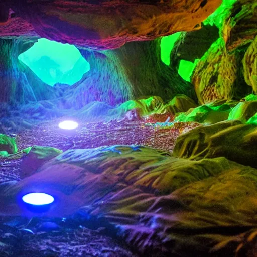 Image similar to a beautiful bioluminescent mushroom cave scene