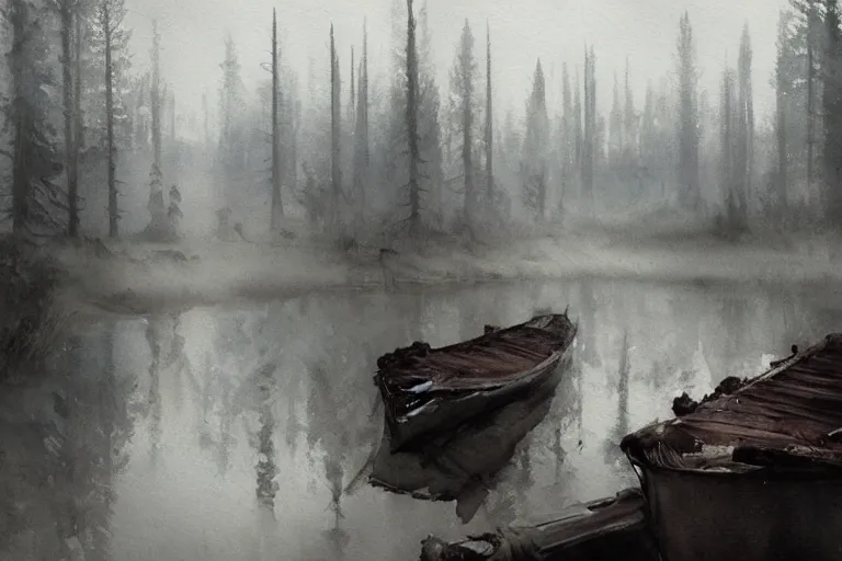 Prompt: watercolor painting of scandinavian bog, reflective, fog, ambient lighting, art by anders zorn, wonderful masterpiece by greg rutkowski, cinematic light, american romanticism by greg manchess, creation by tyler edlin, mockup watercolor sketch with bold brushstrokes, smudged and smeared paint, white border edge, white paper corners
