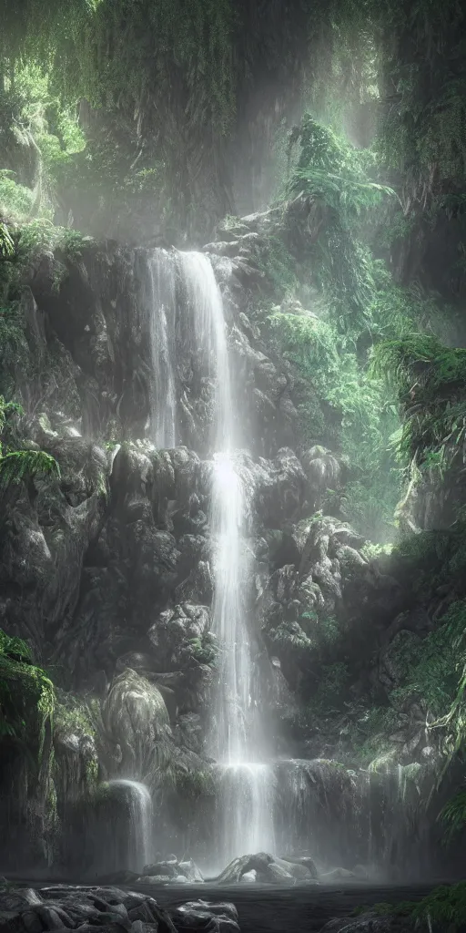 Image similar to photorealistic wide shot portrait of Groot under waterfall, octane render, unreal engine 4k, volumetric light, fog, detailed