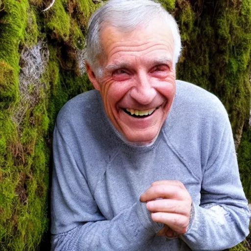 Image similar to a smiling old man covered in moss