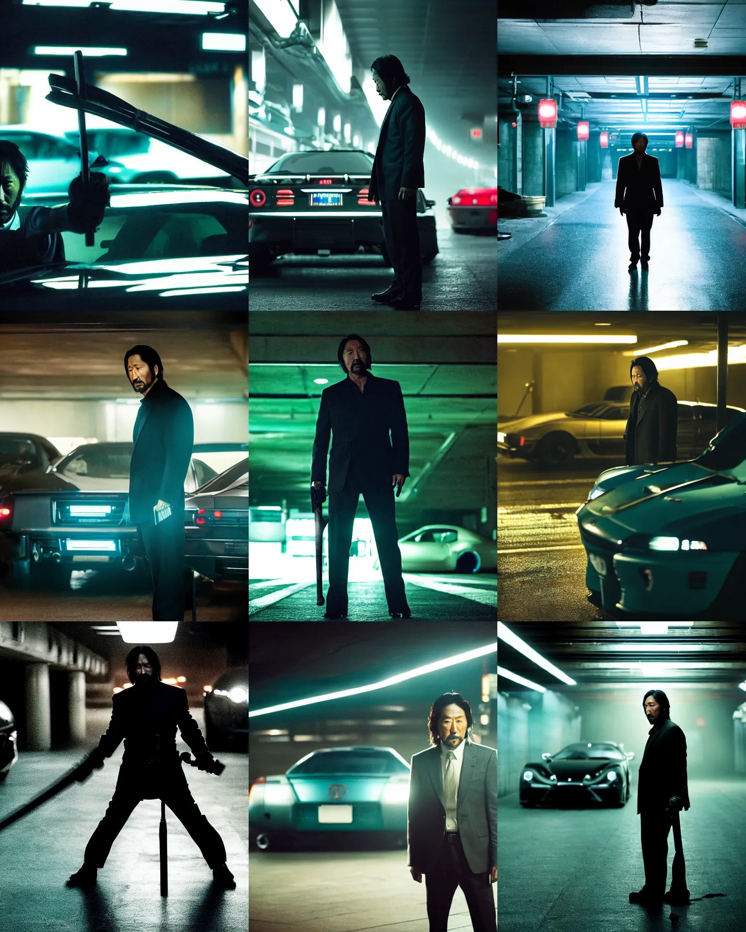 Prompt: denis villeneuve movie still of silhouetted hiroyuki sanada as yakuza in an underground parking lot, holding a sword, many exotic cars, rack focus, close establishing shot, monochromatic teal, dark teal lighting, soft dramatic lighting, 4 k digital camera