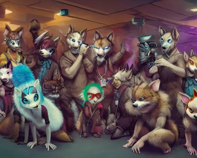 Image similar to high - resolution photograph from a nanopunk era furry fandom convention ( midwest furfest 2 0 4 7 ), taking place after the genetic revolution and singularity. photorealistic.