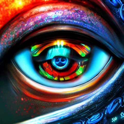 Image similar to Cybernetic Eye with intricate reflections, colorful, fantasy, vivid colors, concept art, sharp focus, digital art, Hyper-realistic, 4K, Unreal Engine, Highly Detailed, HD, Dramatic Lighting by Brom, trending on Artstation