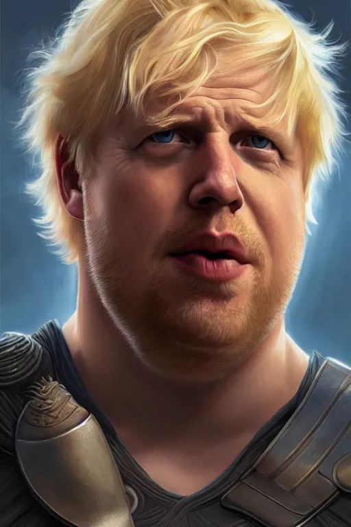 Image similar to Boris Johnson as Thor, Boris Johnson hairstyle, full body realistic portrait, highly detailed, digital painting, artstation, concept art, smooth, sharp focus, illustration, cinematic lighting, art by artgerm and greg rutkowski and alphonse mucha