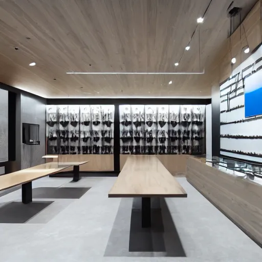 Prompt: interior photography of a Microsoft Samsung flagship store, black walls, geometrical textures, wood, features, eye-catching, polished concrete, spotlights, plant wall, water feature, neon, award winning interior design, patterns, retaildesignblog, dezeen, 14mm, 8k, cinestill, pentax, film