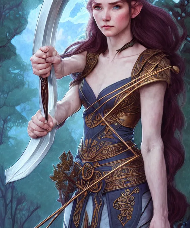 Image similar to ( ( ( aurora aksnes ) ) ) as a strong powerful angry fantasy elf with a bow and arrow, portrait, fantasy, intricate, elegant, highly detailed, digital painting, artstation, concept art, smooth, sharp focus, illustration, art by artgerm and larry elmore and alphonse mucha